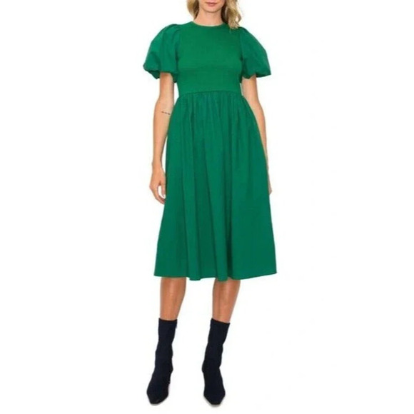 FLICKA Dresses & Skirts - Flicka Linen Midi Dress Medium Green Puff Sleeves Peasant Korean Pockets Summer